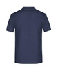 A navy blue polo shirt with a classic collar and short sleeves, featuring a logo on the back.