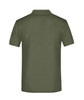 An olive green polo shirt with a collar, featuring a logo on the back.