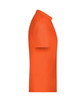 An orange polo shirt displayed from the side, featuring a logo on the chest area.