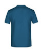 A navy blue polo shirt with a collar and short sleeves, featuring a logo on the back.
