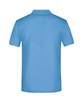 A blue polo shirt with a short-sleeve design and a collar, featuring a logo on the back.