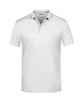 A plain white polo shirt with a collar, short sleeves, and a logo on the chest area.