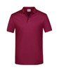 A maroon polo shirt featuring a collar and three buttons, with a logo on the left side.