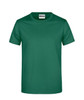 A plain green T-shirt featuring short sleeves and a round neck, with a logo on the label.