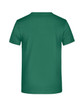 A plain green T-shirt with a round neckline and short sleeves, featuring a logo on the back.