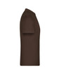 A brown t-shirt in a side view, featuring short sleeves and a crew neckline. It has a logo on the fabric.