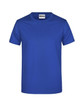 A royal blue T-shirt featuring a logo on the neckline, made from soft fabric.