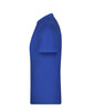 A side view of a royal blue T-shirt featuring a simple design and a crew neckline. It has a logo on the fabric.