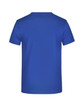 A blue T-shirt with a plain back, featuring a logo or branding on the garment.