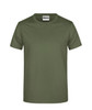 An olive green T-shirt featuring a round neckline and short sleeves. The shirt includes a logo.