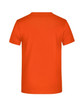 An orange T-shirt with short sleeves and a plain back. It features a logo.