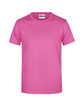 A pink T-shirt with short sleeves, featuring a label on the neckline.