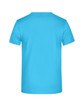 A light blue T-shirt with a plain back and a logo on the tag. Suitable for promotional use.