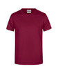 A maroon T-shirt with a crew neck design, featuring a label and no visible graphics or text.
