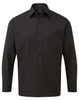 A long-sleeve button-up shirt in solid black with a collar and a single chest pocket.