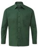 A green button-up shirt featuring long sleeves and a chest pocket, with a logo on the label.