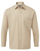 A beige button-up shirt with long sleeves and a chest pocket, featuring a logo.