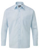 A light blue long-sleeve button-up shirt with a single chest pocket and a collar, featuring a logo.