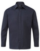 A navy blue long-sleeve button-up shirt with a single chest pocket and branding on the collar.