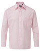 A pink button-up shirt with long sleeves and a chest pocket, featuring a logo on the label.
