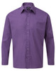 A purple long-sleeve button-up shirt with a single chest pocket and a logo on the collar.