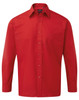 A long-sleeve button-up shirt in bright red with a single chest pocket and a logo.