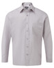 A light grey button-up shirt with long sleeves and a chest pocket, featuring a logo on the label.