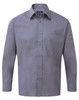 A light grey long-sleeve button-up shirt with a pocket on the left chest. It features a collar and a logo.