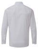 A white long-sleeve button-up shirt with a smooth finish and a collar, featuring a logo on the back.
