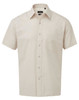 A beige short-sleeve button-up shirt with a chest pocket and a logo.