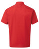 A short-sleeved red button-up shirt with a collar, featuring a logo on the back.