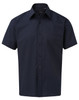 A short-sleeved button-up shirt in a dark navy colour, featuring a chest pocket and a collar.
