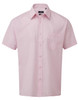 A pink short-sleeve button-up shirt with a chest pocket and a logo.