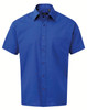 A blue short-sleeved button-up shirt featuring a chest pocket and a branded label.