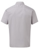 A short-sleeved button-up shirt in light grey, featuring a back yoke and a logo.