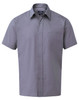 A short-sleeved poplin shirt in grey with a button-up front and a single chest pocket. It features a logo.