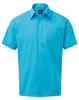 A short-sleeved button-up shirt in bright blue with a chest pocket and a logo.