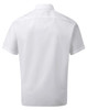 A short-sleeved, white button-up shirt featuring a classic collar and a brand logo on the back.
