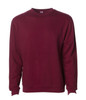 A maroon crew neck sweatshirt with long sleeves, featuring a simple design and a logo on the front.