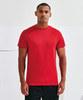 A red textured t-shirt is displayed, worn by a male model standing against a neutral background.