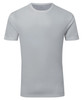 A light grey textured T-shirt with a crew neck and short sleeves, featuring a branding logo.