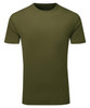 An olive green textured t-shirt with a crew neck design and a logo on the label.