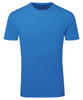 A blue textured T-shirt with short sleeves, featuring a crew neck and a discreet logo.