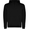 A black hooded sweatshirt with a front pocket and drawstrings, featuring a logo.