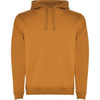 A mustard hooded sweatshirt featuring a front pocket and drawstring hood. The product has a logo on it.