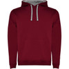 A burgundy hooded sweatshirt with a grey inner lining and a front pocket. It features a logo on the front.
