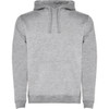 A grey hooded sweatshirt with a front pouch pocket and drawstring hood. It features a logo on the front.