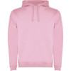 A pink urban hooded sweatshirt with a front pocket and drawstring hood, featuring a logo.