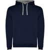 A navy hooded sweatshirt with a grey-lined hood and a front pouch pocket. It features a logo on the chest.