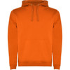 An orange hooded sweatshirt with a front pocket and drawstring hood. It features a logo on the front.